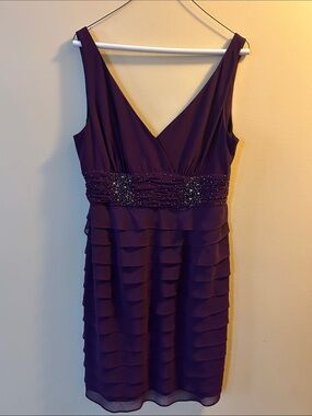 SL Fashions Deep Purple Beaded Waist Tiered Midi Dress